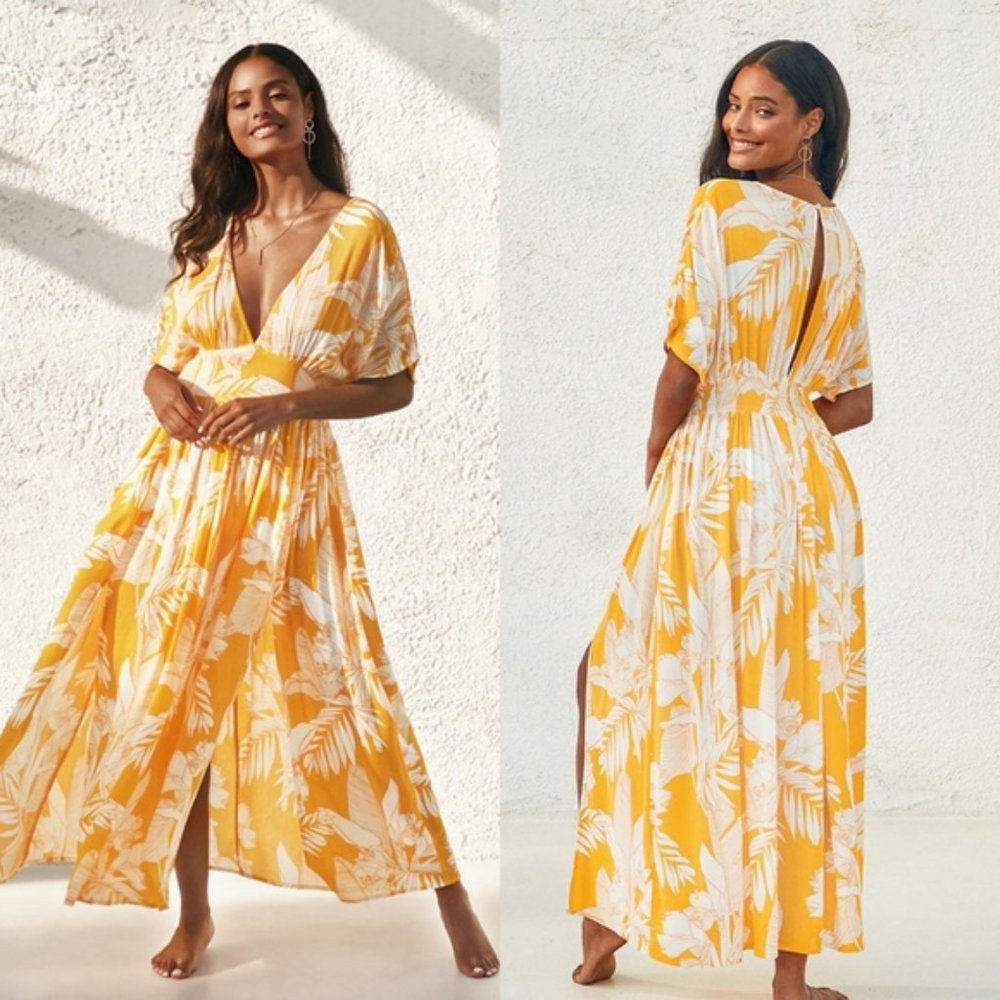NWT - Cupshe Selena Yellow Floral V-neck Maxi Dress